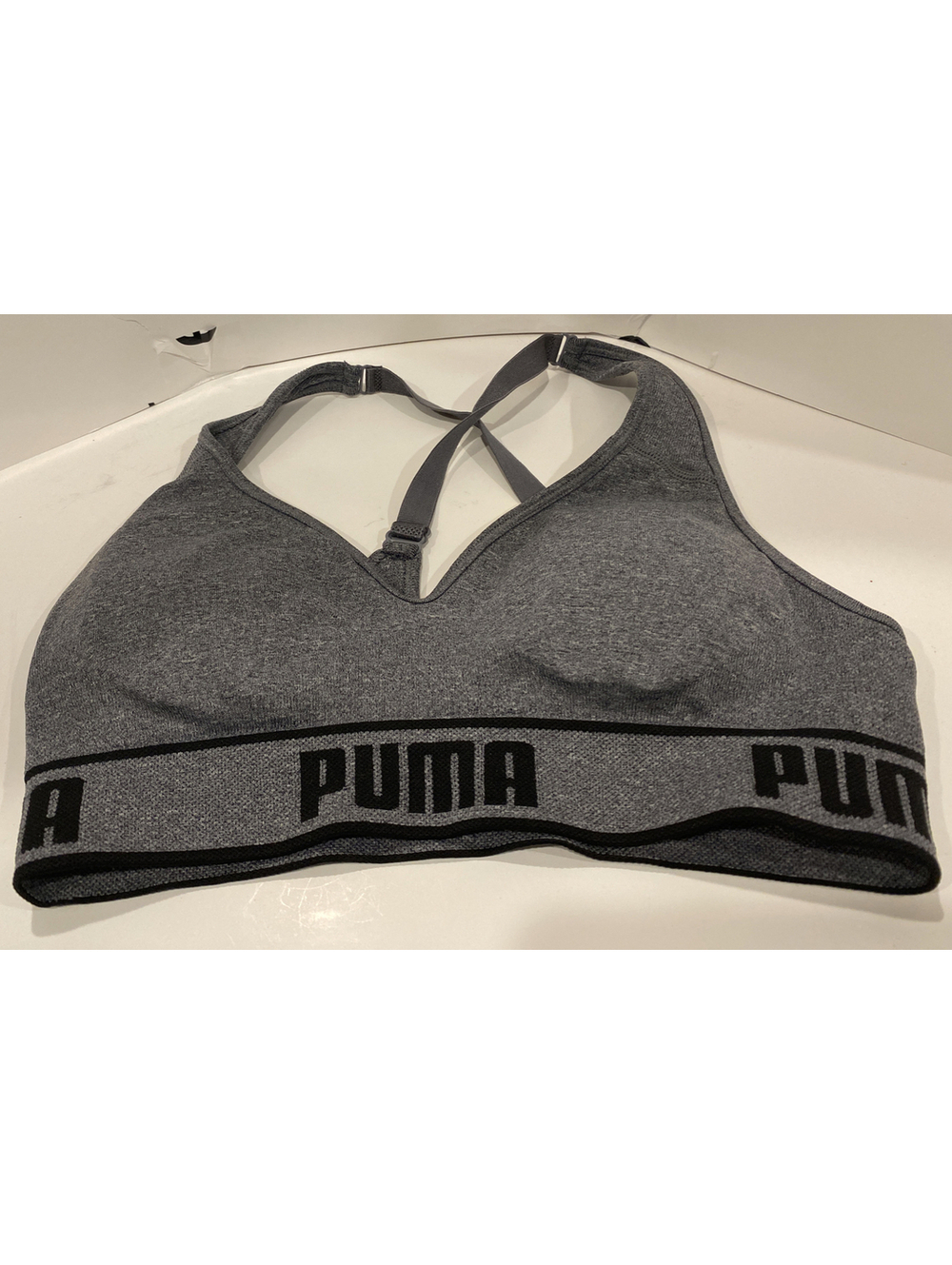 PUMA Women’s Small Logo Sports Bra Running Gym Racerback Yoga Active Gray Pocket